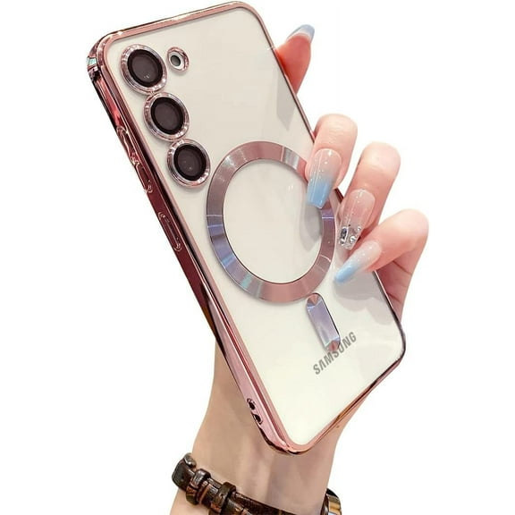 for Samsung Galaxy S23 Case Magnetic Clear with Camera Lens Protector MagSafe Electroplated Silicone Slim Fit Shockproof Protective Case Cover 6.1 Inch - Pink