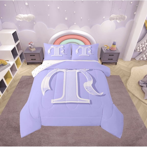 Erosebridal Initial I Letter Bedding Sets Twin with Comforter, Princess Bow Duvet Insert, Purple Monogrammed Reversible Down Comforter, Microfiber Room Decor, 2 Pieces