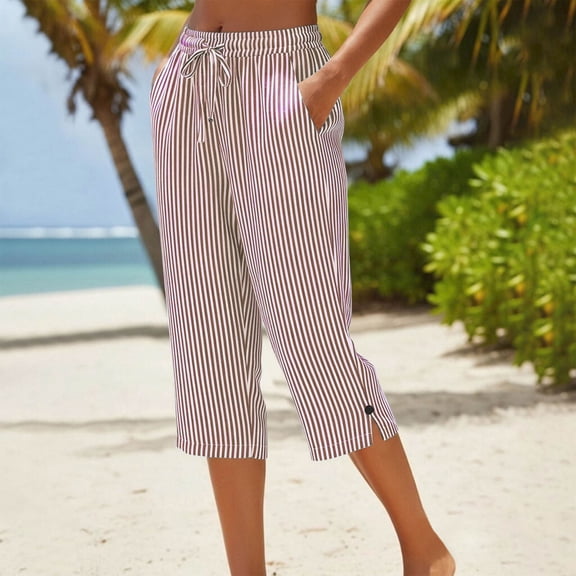 Oiangi Striped Capris for Women Drawstring Elastic Wasit Cropped Pants Summer Casual Straight Leg Trousers with Pockets Khaki XL