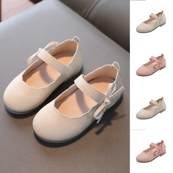 SGFCWSX Girls Dress Shoes Kids Mary Jane Glitter Bow Ankle Strap Flower Girl Casual Shoes Beige Size 11 Little Kids