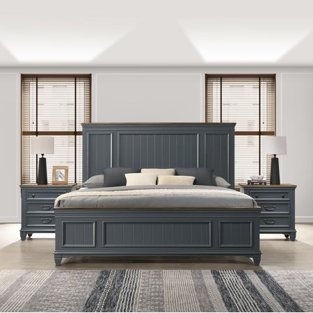 Roundhill Furniture Clelane Wood Bedroom Set with Shiplap Panel King Bed Dresser Mirror Two Nightstands and Chest in Slate Blue