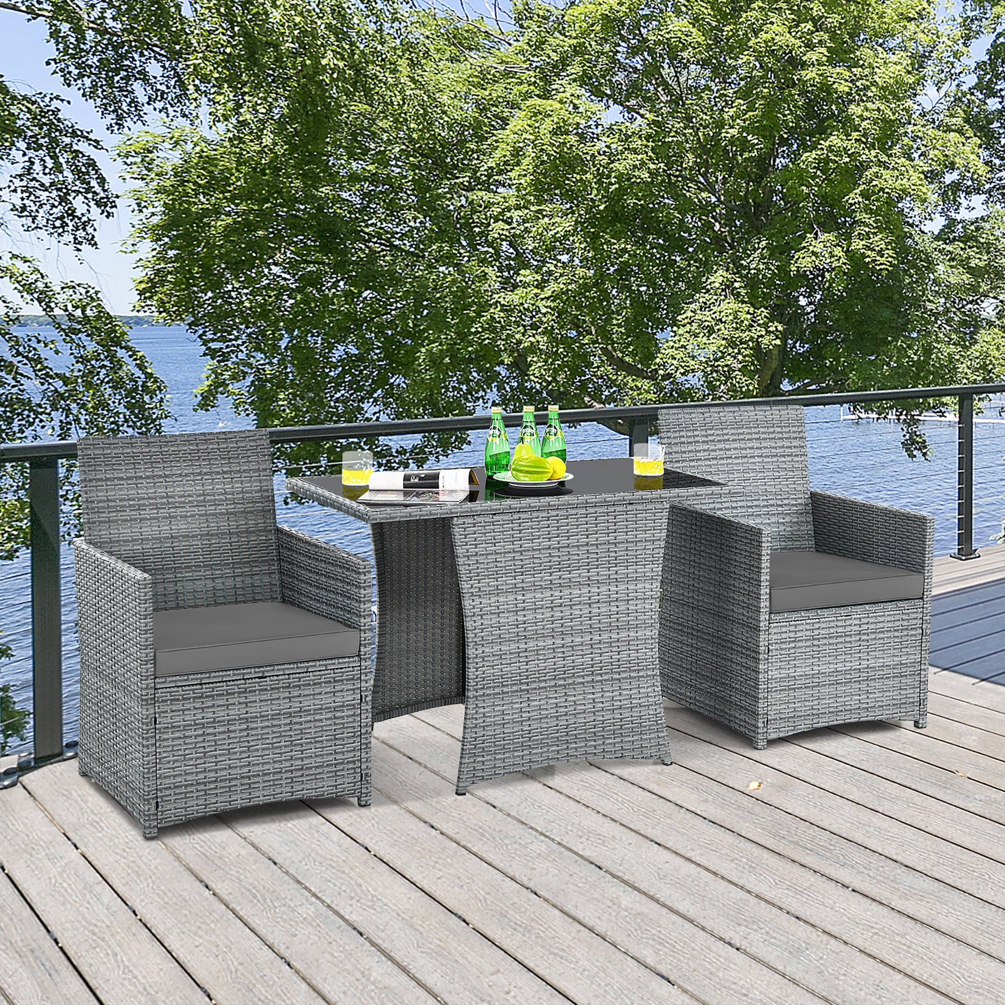 Costway 3PCS Patio Rattan Furniture Set Cushioned Sofa Armrest  Garden Gray