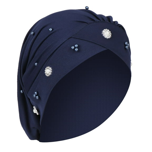 Dadaria Turban Headband for Women Solid Beading Hat Ruffle Cancer Chemo Beanie Turban Wrap Cap Navy,Women