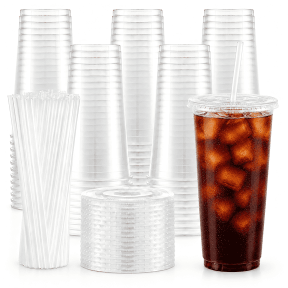 50 Pack 24 oz Clear Plastic Cups with Lids and Straws, Disposable Iced Coffee Cups, Leak-Proof Cold Drink Cups for Smoothies, Juice, Party