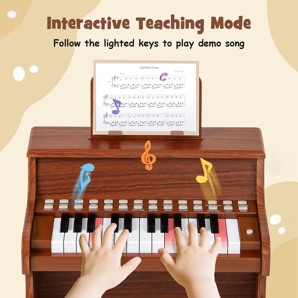 Resenkos 25-Key Kids Piano with Teaching Mode & Speed Control - Brown