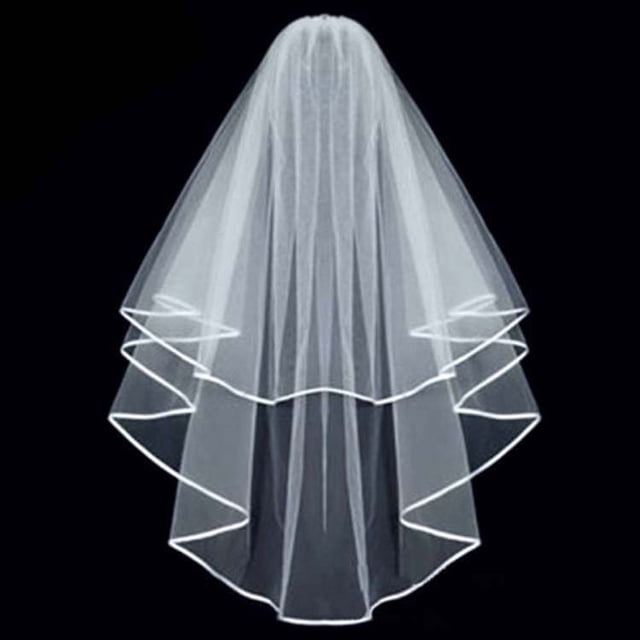Xiao Hua Velo de novia blanco corto de 2 niveles con ribete blanco, velo de novia para despedida de soltera, velo para niña de las flores, primera comunión, blanco