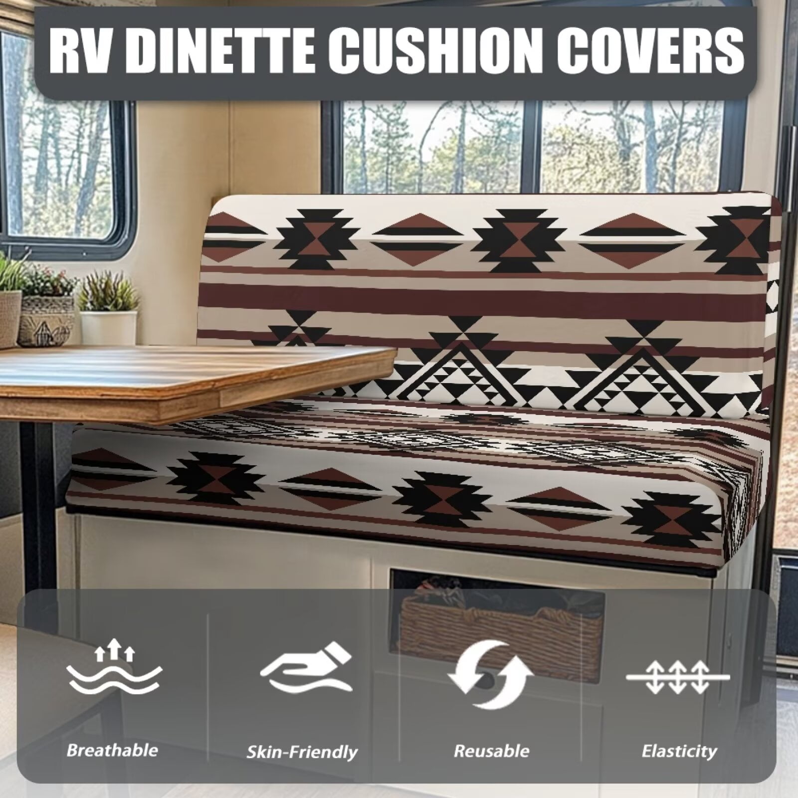 Uorisanigo RV Dinette Cushions Stretchable Camper Seat Cushion Slipcovers Aztec Geometric Print RV Beach Seat Cover for Dinette with 1 Backrest & 1 Bench Covers for RVs Camper Car Bench