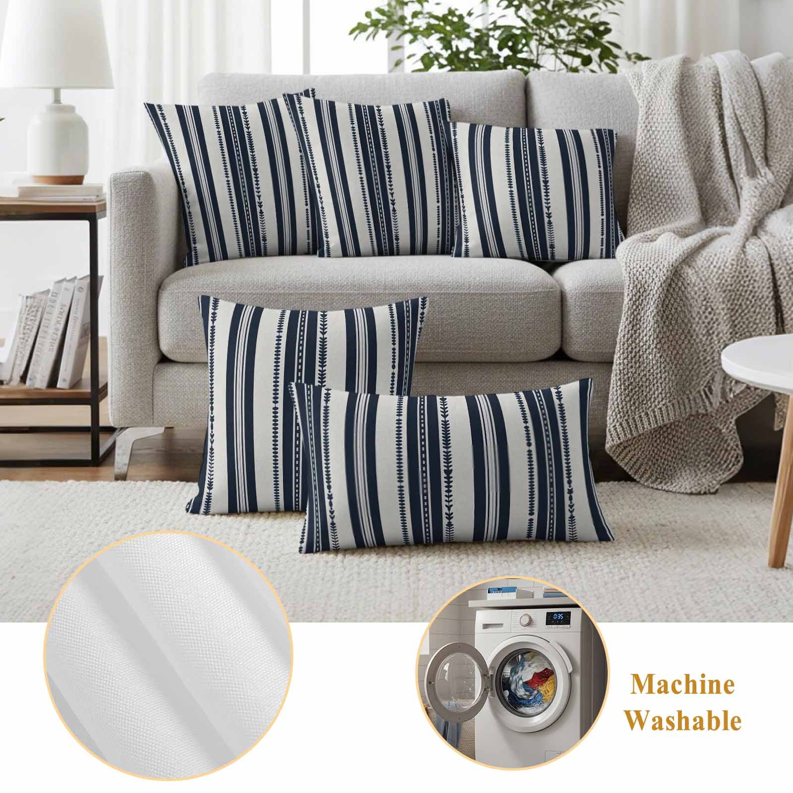 Navy Blue Geometric Outdoor Waterproof Pillow Covers, Modern Stripes Art Farmhouse Decorative Square Throw Pillowcase Sofa Cushion Sham for Patio/Couch/Chair, 24"x24" 2 Pack