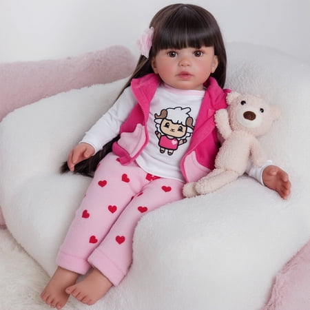 RSG Lifelike Reborn Baby Dolls Candy - 22 Inch Baby Doll Long Black Hair Girl Handmade Real Life Dolls with Clothes and Toy Accessories Gift for Kids Age 3+