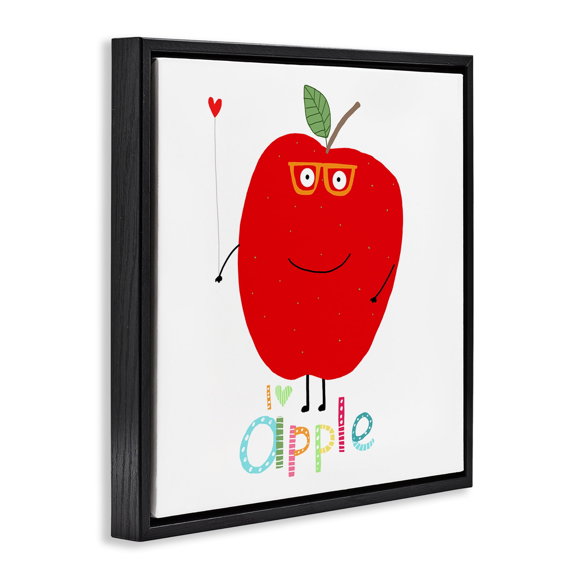 Stupell Industries Fun Smiling Apple Food & Beverage Painting Black Floater Framed Canvas Art Print Wall Art, 25 x 25