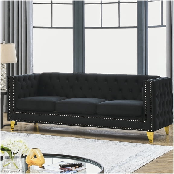 Modern Black Velvet Sofa, 3-Seater Tufted Chesterfield Couch with Metal Legs for Living Room