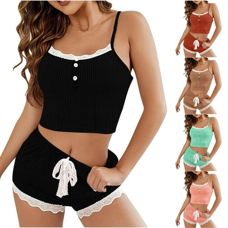 Summer Clearance Sales 2025 Bovxnpu Women s Cotton Pajamas Set  2 Piece Loungewear Set  Women Outfit Set Undershirt Suspenders Top Short Pants Homewear Solid Suit Pink M