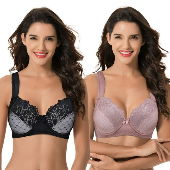 Curve Muse Women's Plus Size Unlined Underwire Lace Bra with Cushion Straps-Black,Mauve-Size:34B
