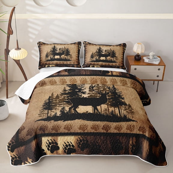 meiyoeat Vintage Deer Silhouette Bed Spread Queen, Rustic Paw Print Queen Coverlet Set For Boys Kids,3 Pieces