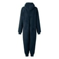thumbnail image 5 of BiZtdJrK Womens Zipper Fuzzy Pajama Jumpsuit with Drawstring Hood Winter Warm Fleece One Piece Sleep Pants Casual Loose Pocket Loungewear, Navy, XXL, 5 of 7