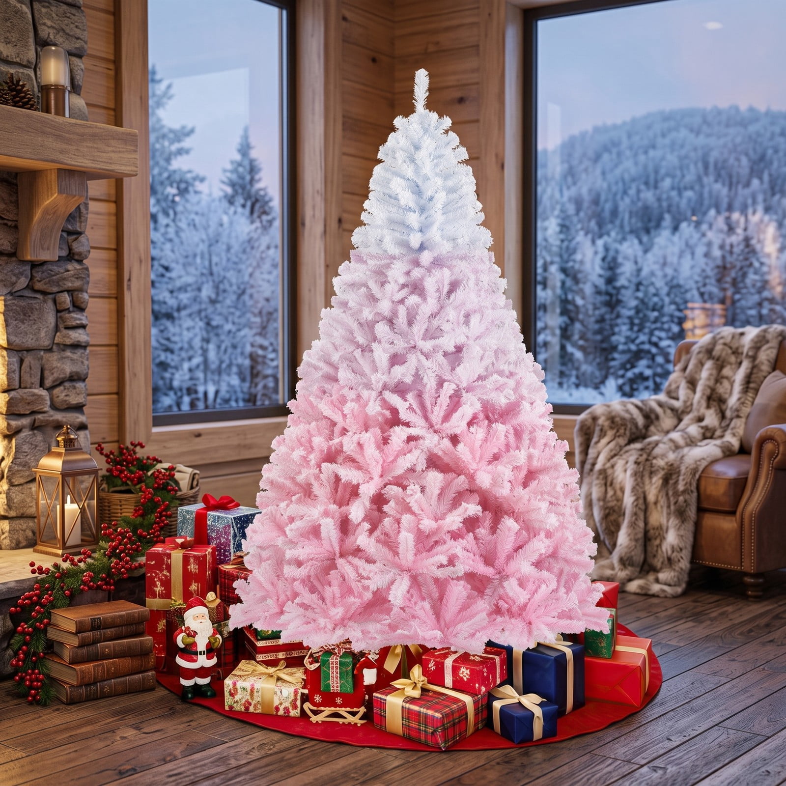 RUIE 7FT Artificial Christmas Tree, Pre-Assembled Hinged Pine Holiday Tree with 1264 Flocked Branch Tips and Folding Metal Stand, Snow Gradient Flocked, White & Pink