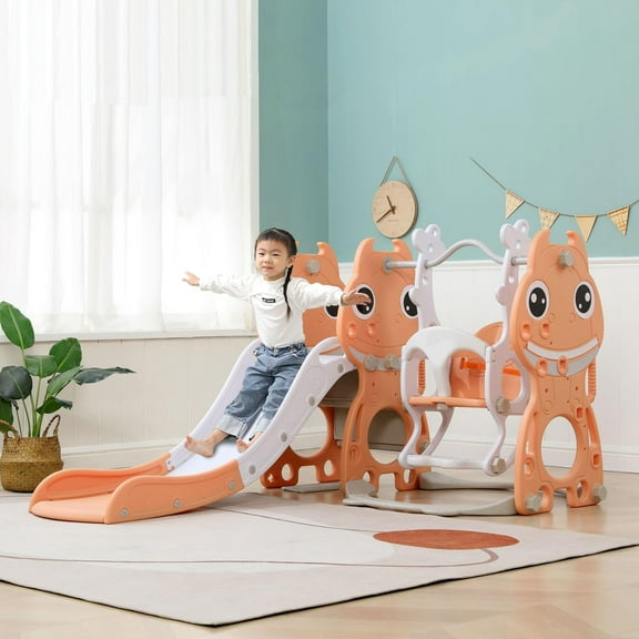 UNICOO® Toddler Slide and Swing Set, 4 in 1 Kids Indoor and Outdoor Playground Combination Climber/Slide/Swing/Basketball Hoop for Boys & Girls (4 in 1 - Light Orange)