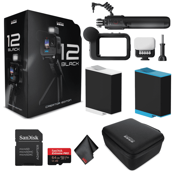 GoPro HERO 12 Creator Edition - with Volta (Battery Grip, Tripod, Remote), Media Mod, Light Mod, Enduro Battery - Waterproof Action Camera + 64GB Extreme Pro Card and Extra Battery