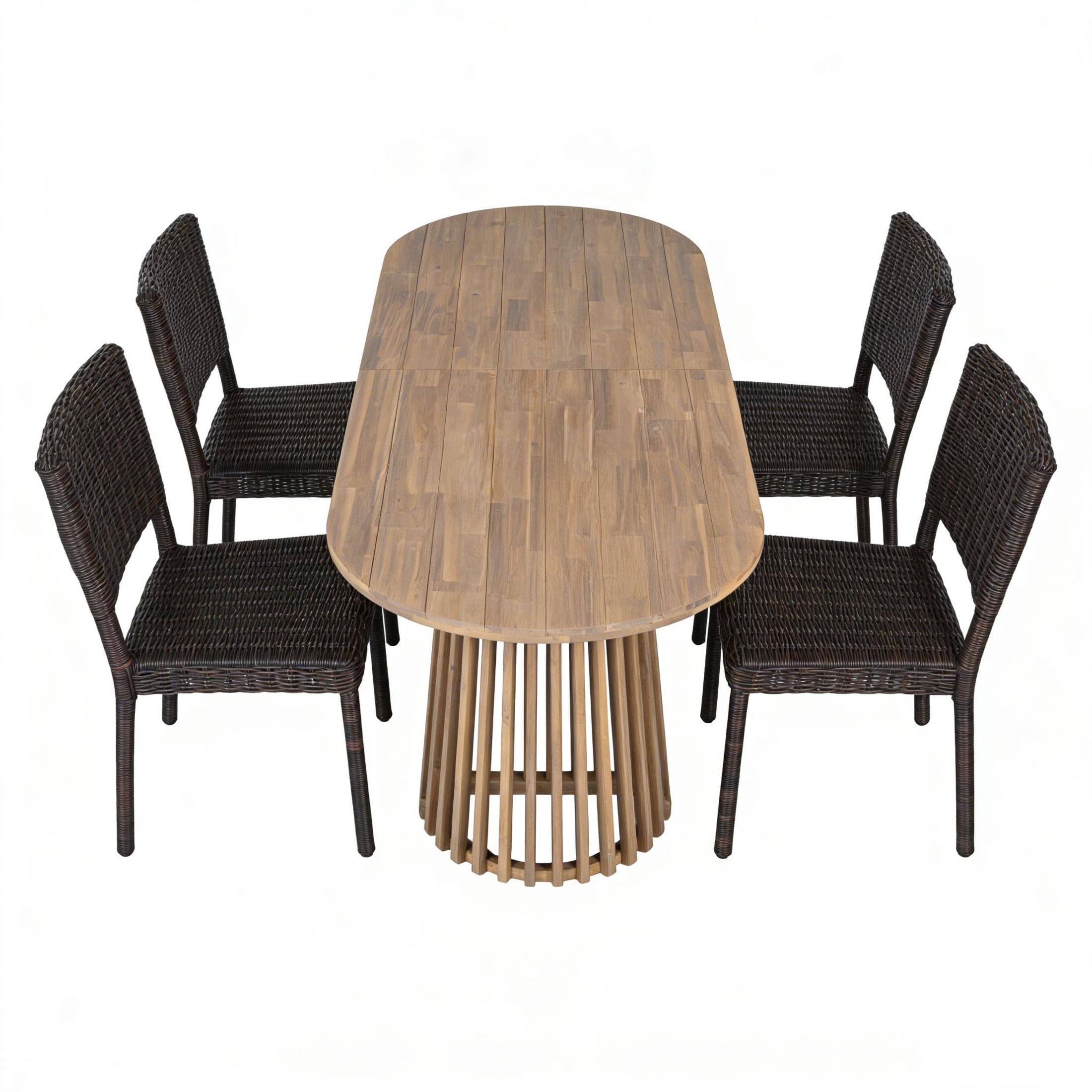 Christopher Knight Home 5-Piece Modern Outdoor Dining Set, 83" Light Teak Table and Brown Rattan Chairs