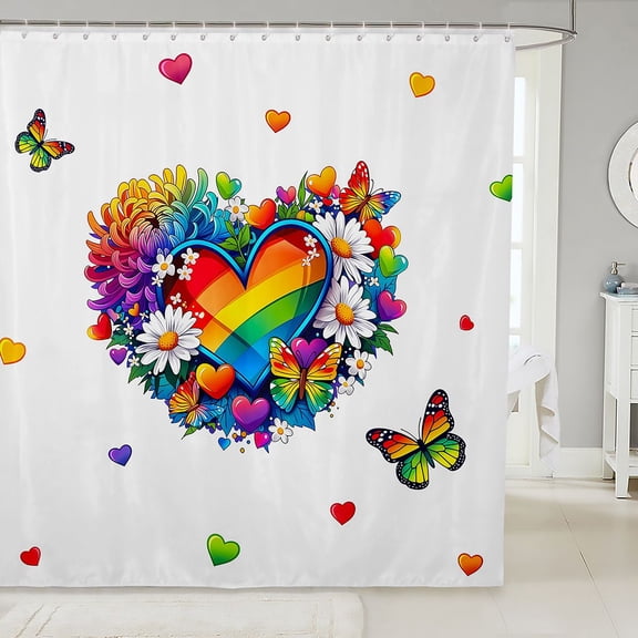 Manfei Rainbow Love Heart Shower Curtain 72Wx72L, Butterfly Groovy Flower Bathroom Curtain, White Blue