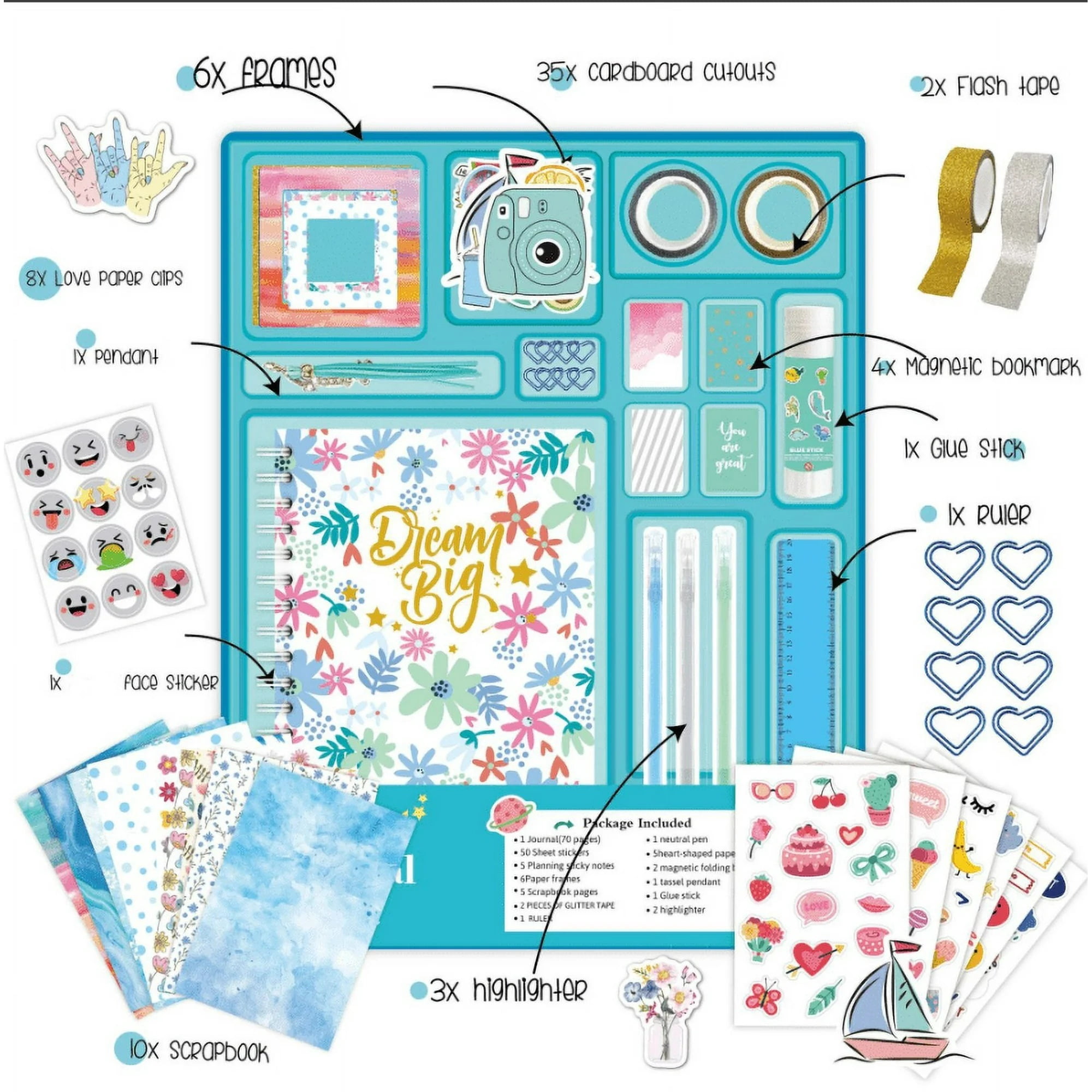 Girls DIY Journal Kit,48 Pcs Journaling Art Crafts Kit,Creativity Scrapbook Diary Supplies Set,Girl Birthday Christmas Gifts, Ideal Gift for Tween and Teen Girls 8-14 Year Old(Blue)