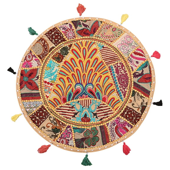 Stylo Culture Ethnic Meditation Cushion Floor Pillow Vintage Patchwork Cushion Cover Beige Big Round Floor Pillow 22" Decorative Decor Seating Tuffet Seat Pouf Cover Footstool Cotton Embroidered 1 Pc