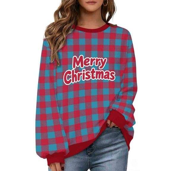 ZUKMRJPC Womens Crewneck Christmas Sweaters Merry Christmas Letter Print Fleece Lined Long Sleeve Cute Plaid Sweatshirts Holiday Party Shirts