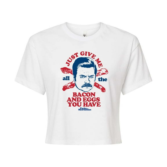 Parks and Recreation - Ron Bacon Eggs - Juniors Cropped Cotton Blend T-Shirt