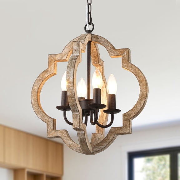 GRELAVA Fayet 16 in. Farmhouse Chandelier, 4-Light Wooden Rustic Vintage Pendant Lighting for Kitchen Island