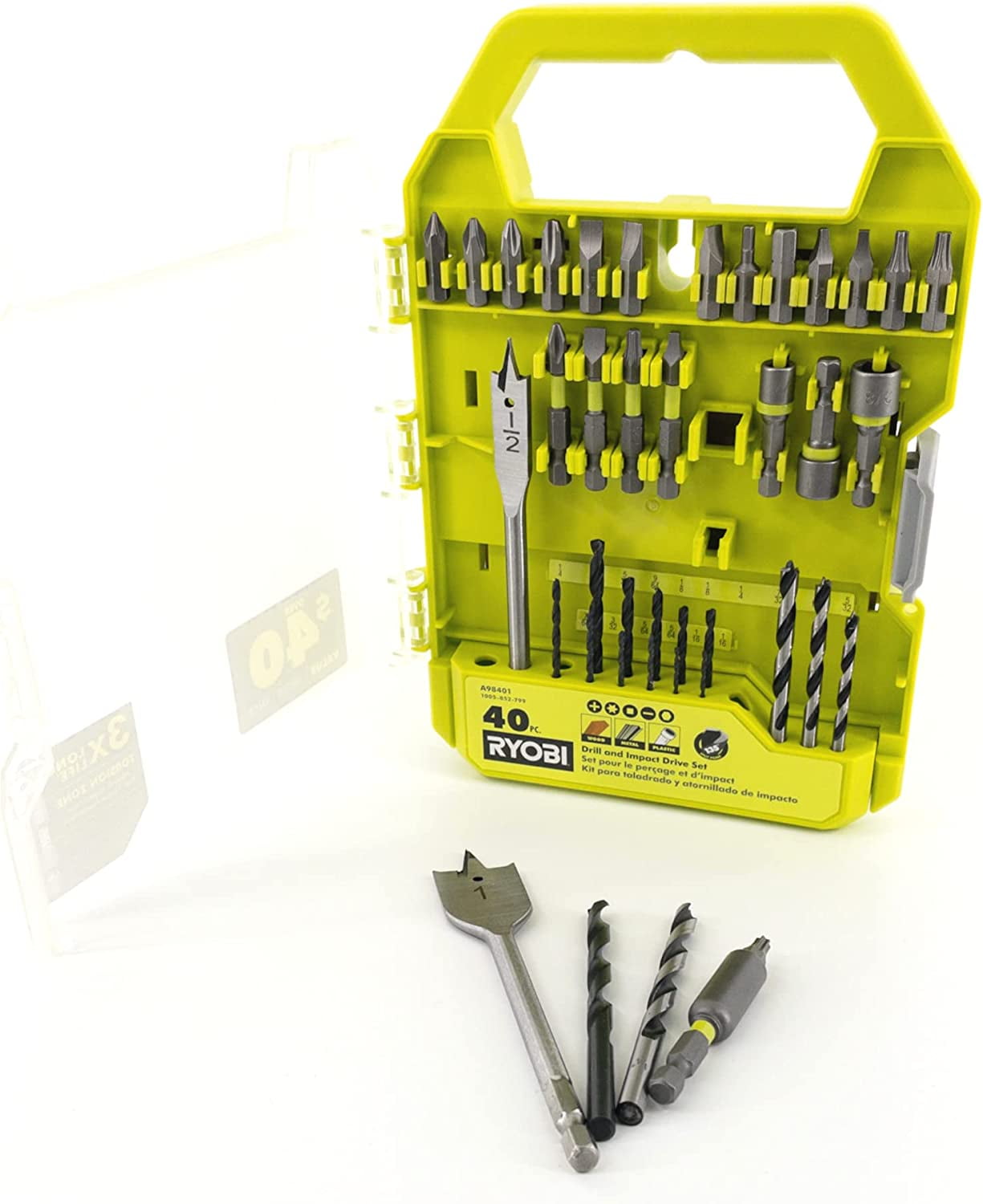 Drill Set Bundle with Ryobi 18V Cordless Drill, 1.5 Ah Lithium-ion Battery, 18-Volt Battery Charger, 40 Piece Multipurpose Drill Bits, and Buho 16 Inch Tool Bag with Outside Pockets