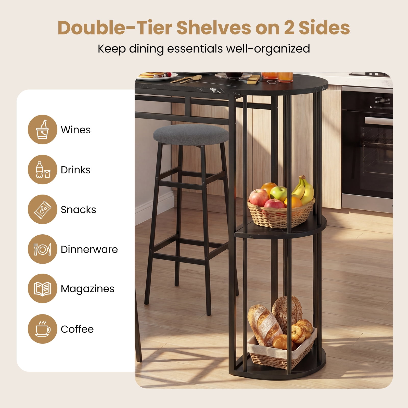 Gymax 3 Pieces 60'' Bar Table Set for 2 w/ Faux Marble Tabletop & Storage Shelves