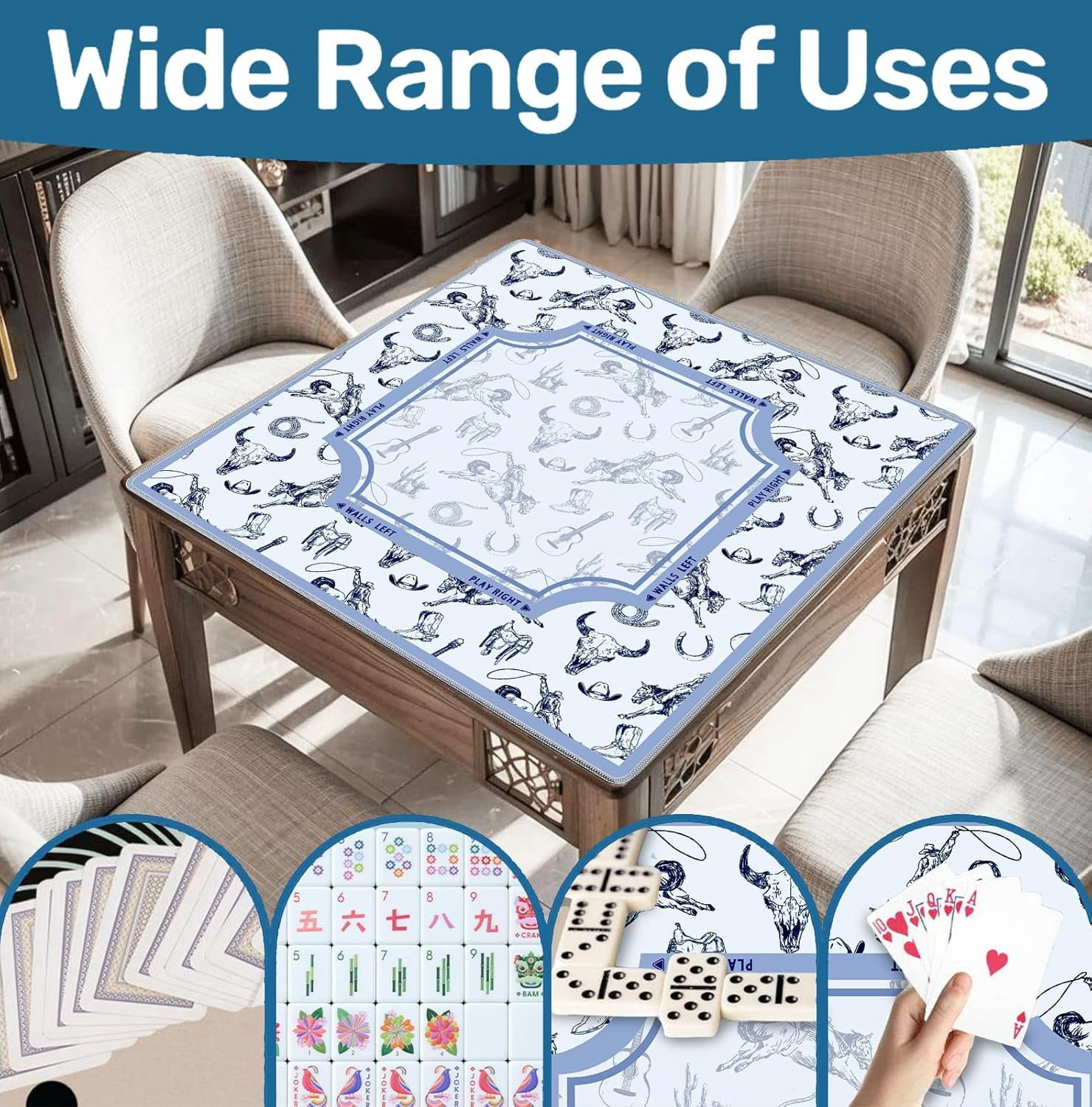 Blue Western Rodeo Cowboy Bull Skull Mahjong Mat 31.5x31.5 Inch, Non-Slip and Noise Reduction Mah Jong Table Mat Cover Gifts for Mahjong Lovers Poker Board Games Dominoes