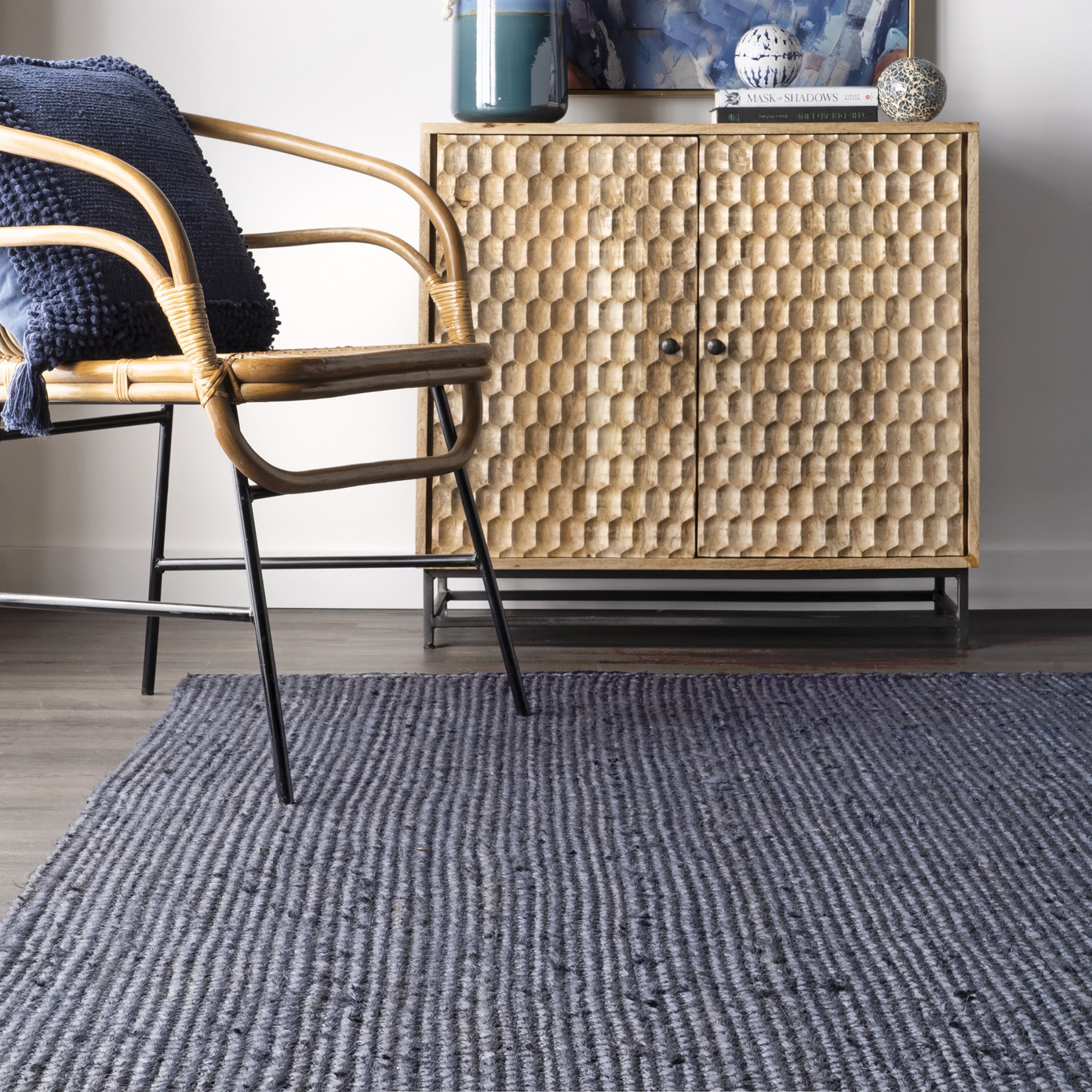 nuLOOM Rigo Hand Woven Farmhouse Jute Area Rug, 5' x 8', Navy