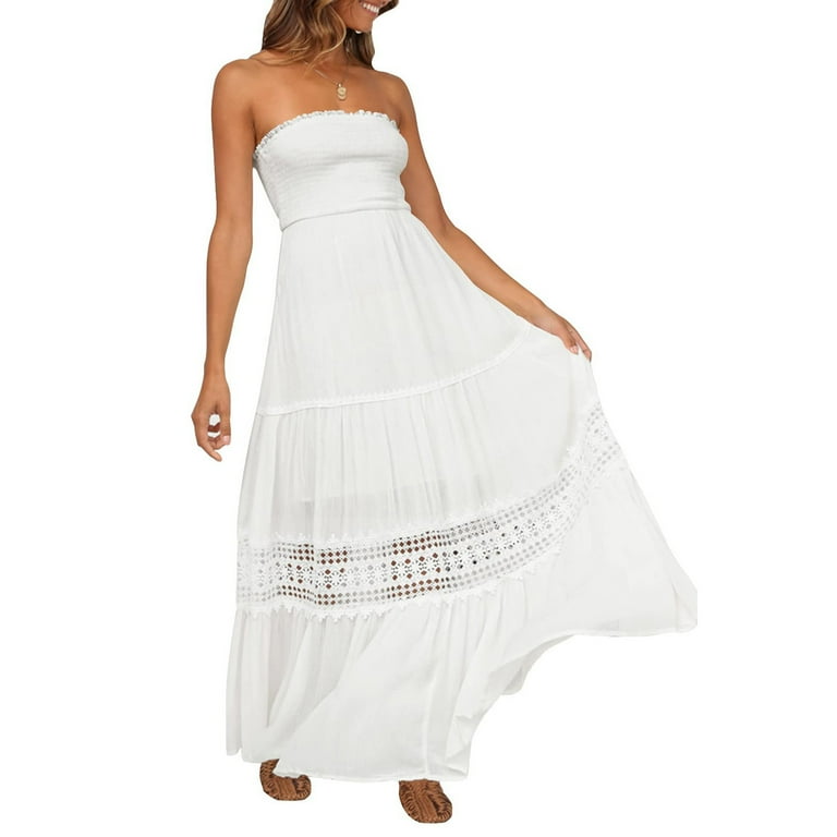 USSUMA Sun Dresses Women Summer Casual Sleeveless Smocked Tube Top Lae  Swing Flowy Long Maxi Sundresses for Women Solid Plus Size Dress for Women  V ...