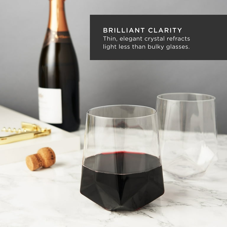 Viski Raye Faceted Crystal Wine Glasses - Modern Stemless Glass Gift Set 