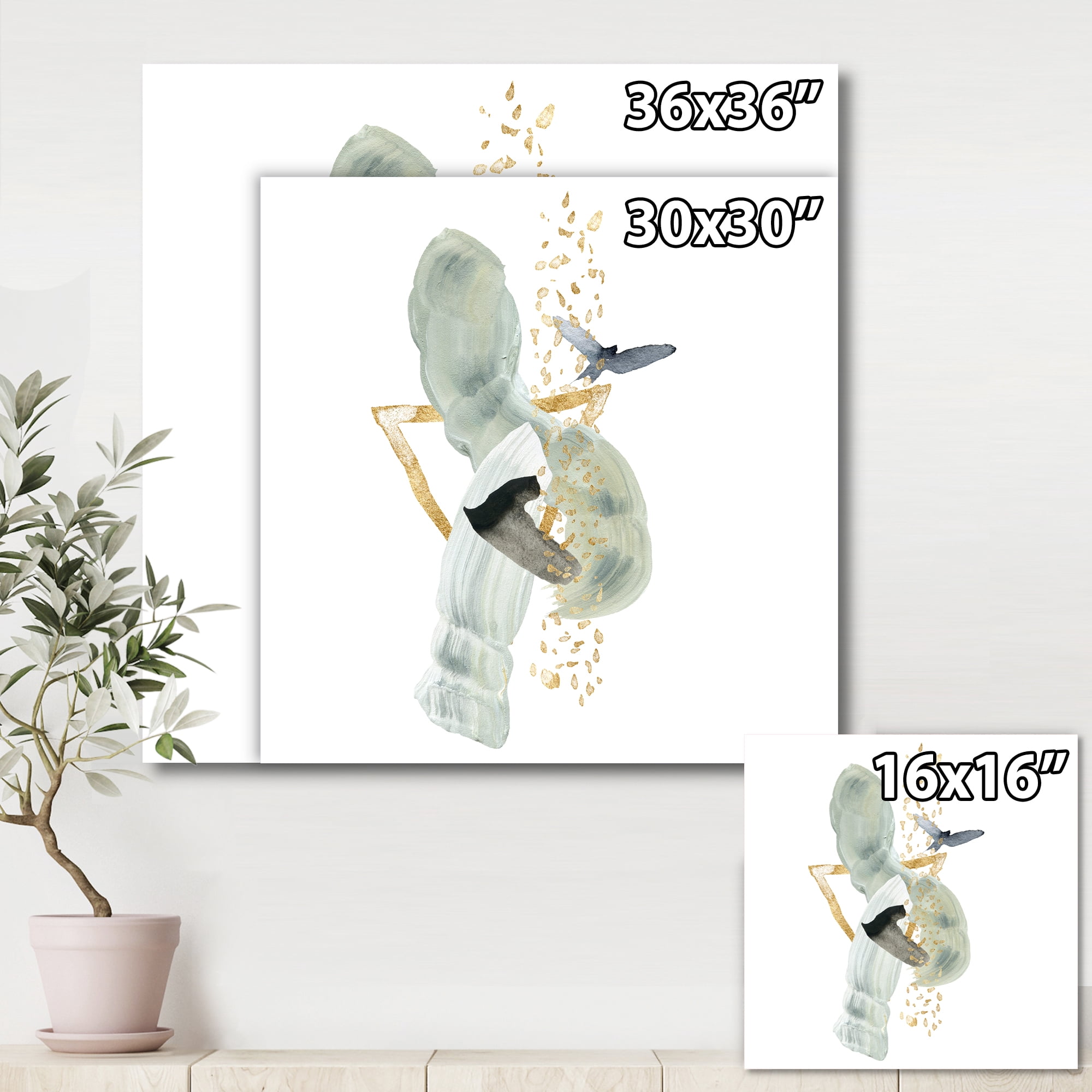 Designart ' Abstract Golden Mountain With Bird and Moon ' Modern Canvas Wall Art Print