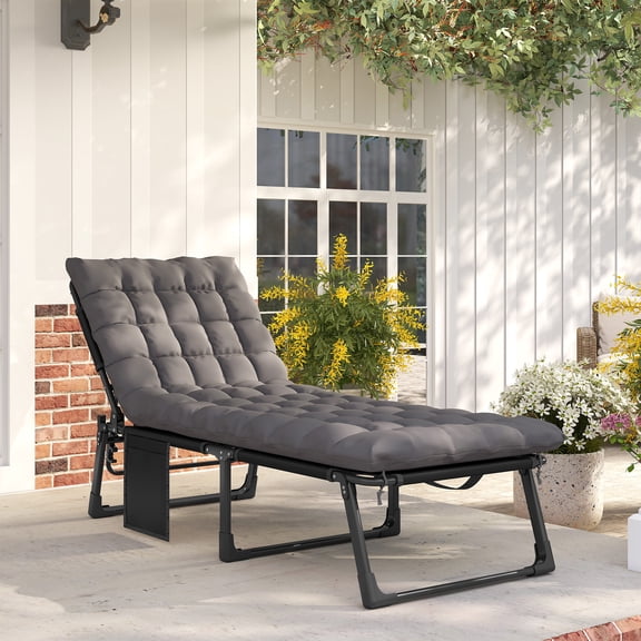 Outsunny Chaise Lounge Chair Outdoor, 5-Position Adjustable Tanning Chair, Pool Lounge Chair with Cushion, Side Pocket, Dark Gray
