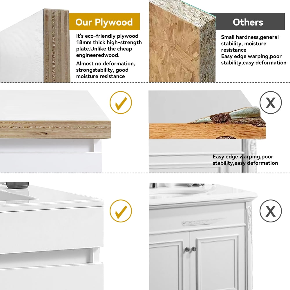 KYLE & KAY 24 inch Modern Wall-Mounted Bathroom Sink Cabinet, Floating Bathroom Vanity with Storage and Two Soft Close Doors,with Sink, Faucet Not Included,Solid Wood, White.