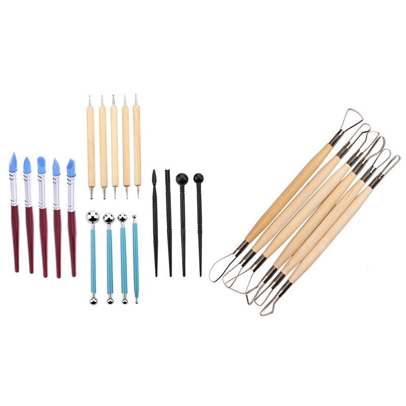 6 Pcs 8 Inch Double Ended Sculptor'S Carving Tool Wooden Handle & 18 Pcs Ball Stylus Dotting