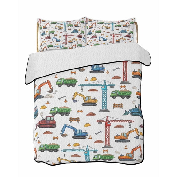 Quilts Full Size Bedding Set, Cartoon Construction Vehicle Lightweight Quilted Comforter, Modern Excavator Crane Soft Reversible Bedspread Coverlet with Pillow Covers for All Season, 78" x 90"