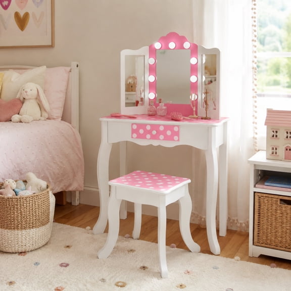 Teamson Kids Engineered Wood Vanity Set with LED Lighted Tri-Fold Mirror, Storage Drawer & Stool, White/Pink, Fantasy Fields Gisele Polka Dot