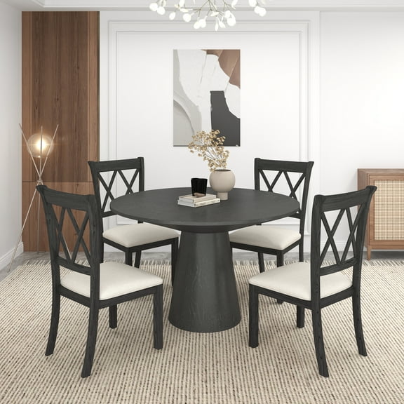 Roundhill Furniture Delta 5-Piece Round Dining Set, Pedestal Dining Table with 4 Cross-back Chairs, Ebony