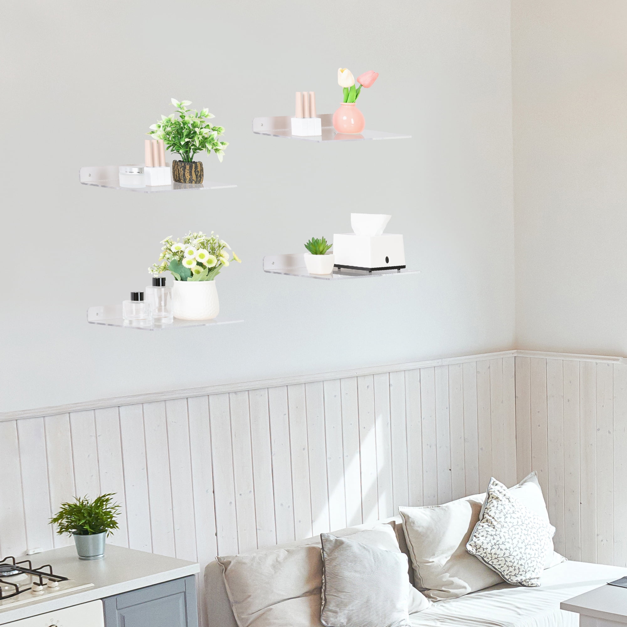 Unique Bargains Clear Acrylic Floating Shelves for Bathroom Bedroom Wall Display Shelf 11.8" x 7.9" x 2" 4