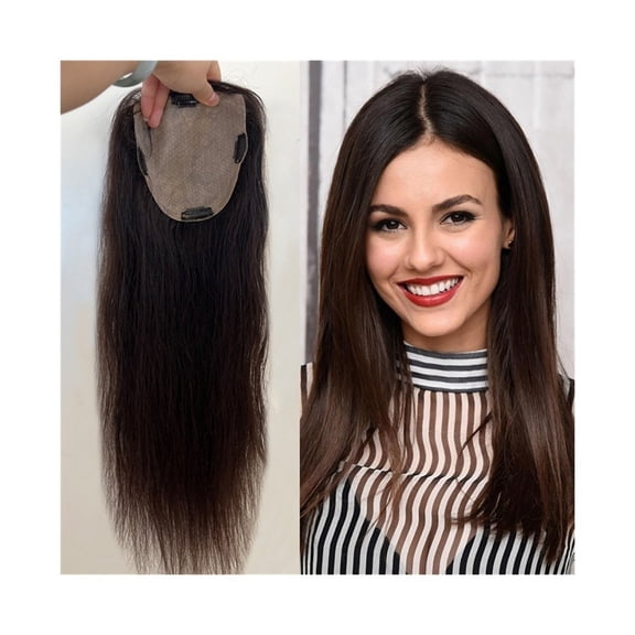 Darkest Brown Human Hair Topper with Baby Hair, 8-22" European Virgin Human Hair Pieces 5"x5" Silky Straight Silk Base Hair Topper for Women