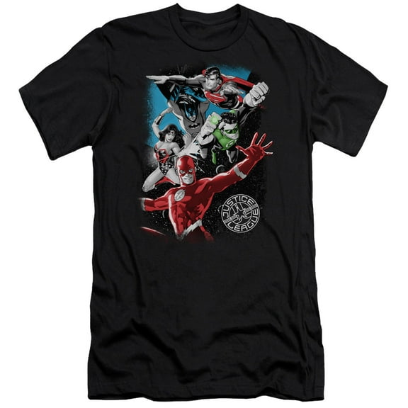 JLA Justice League Galactic Attack Premium Canvas Adult Slim Fit 30/1 T-Shirt Black