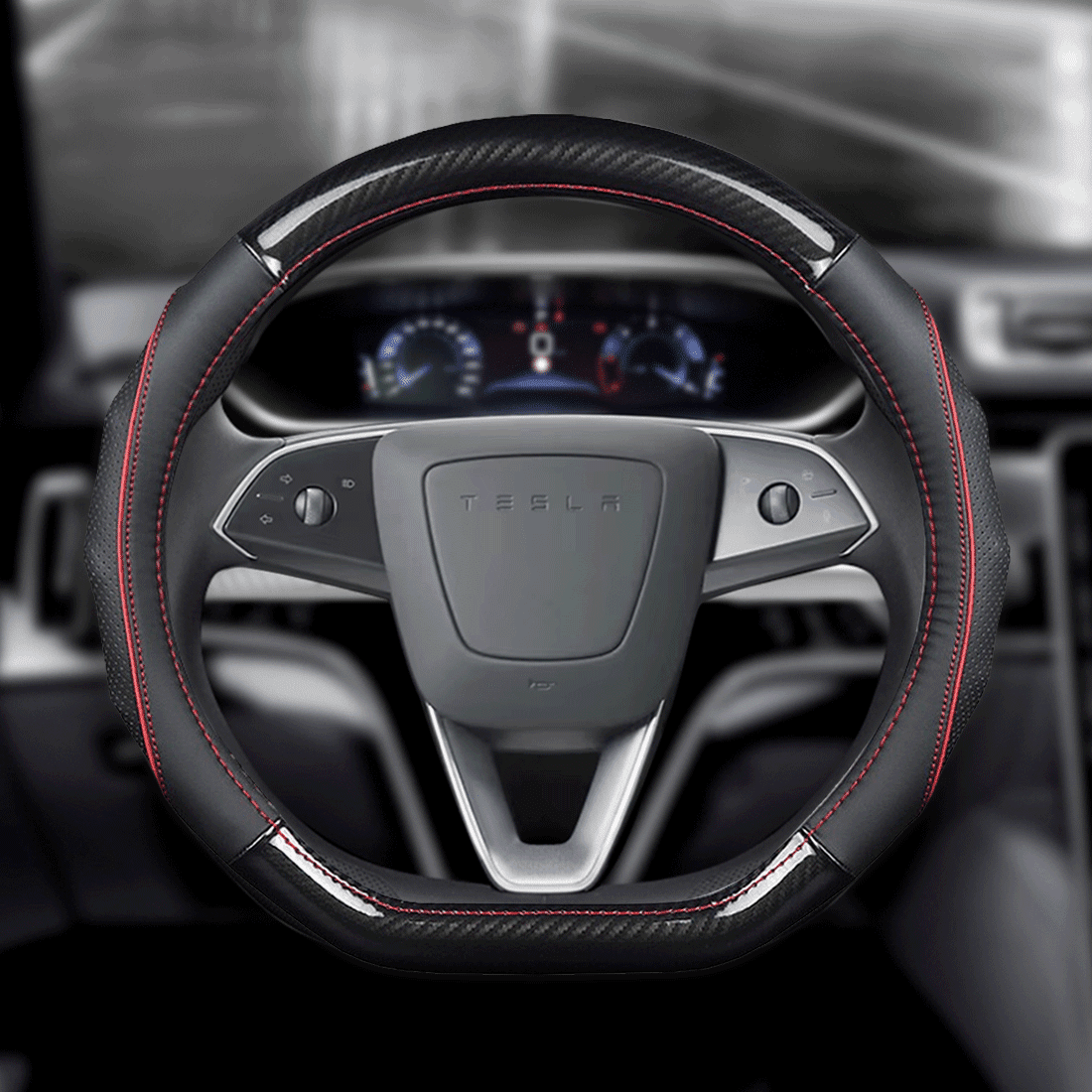 14 inch D Shaped Steering Wheel Cover for Tesla Model 3 / Y Highland/Juniper, for Camaro, for WRX BRZ, for Prius Civic Flat Bottom Small Steering Wheel Protection, Interior Accessories for Cars Truck
