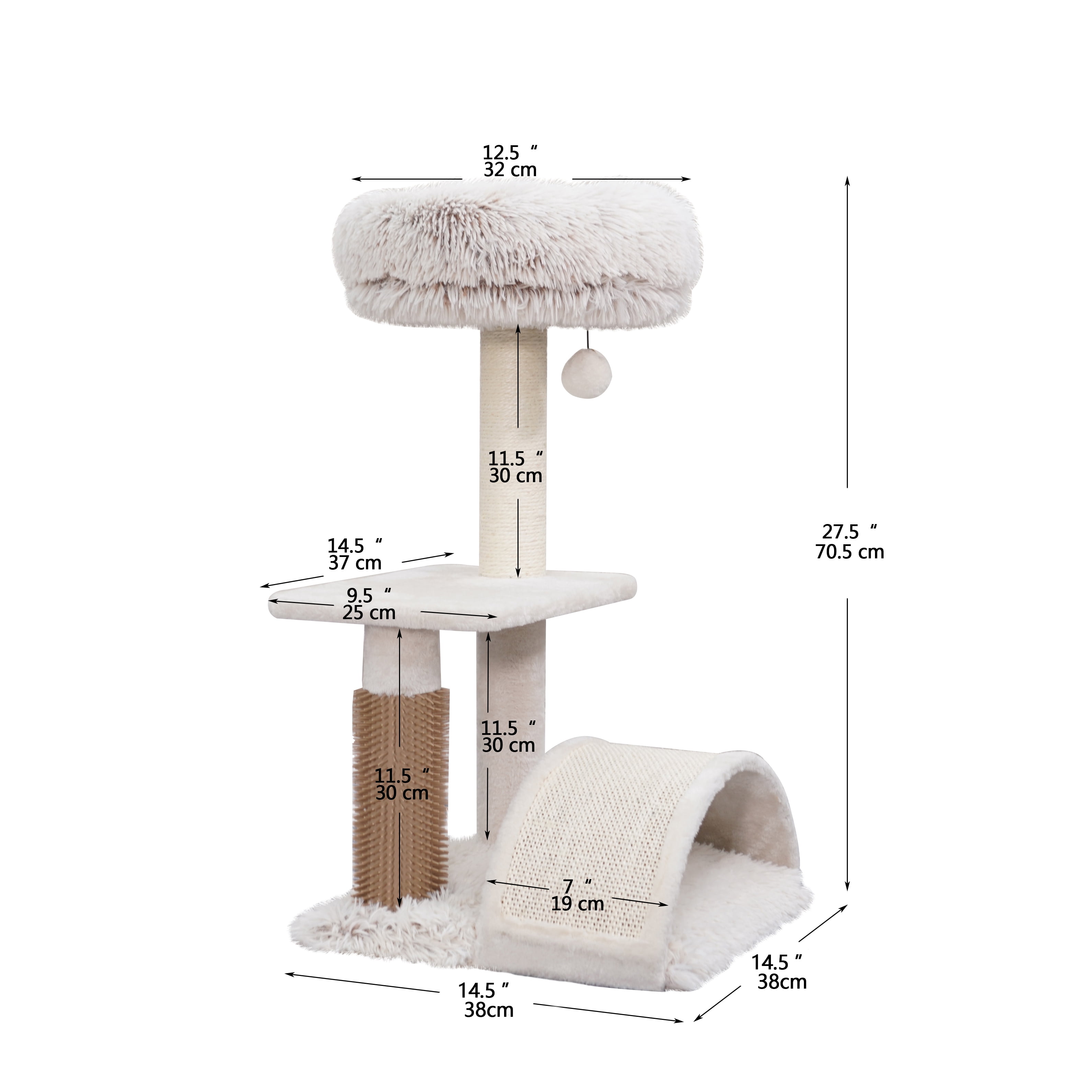Vibrant Life 3-Level 27.8" Tall Cat Tree with Scratching Arc, Full Body Groomer, Cream