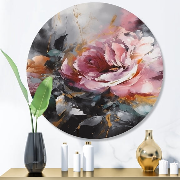 Designart "Romantic Pink Rose Bouquet" Floral Rose Metal Round Wall Art Prints