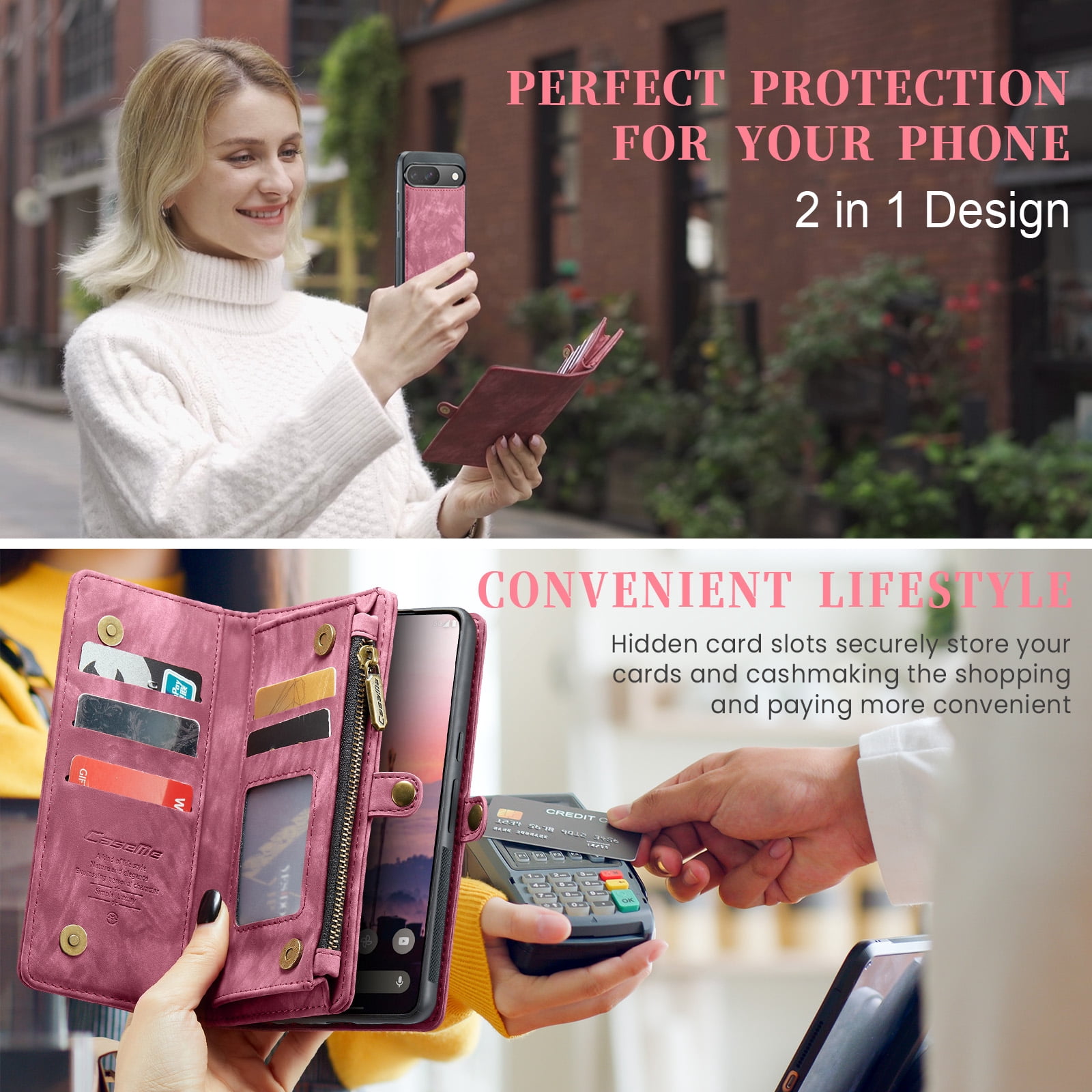 Feishell Durable 2- In-1 Magnetic Detachable Wallet Case for iPhone 16,for Women Men,Premium PU Leather Zipper Pocket Flip Multi Card Slots Purse Phone Case with Wrist Strap,Red