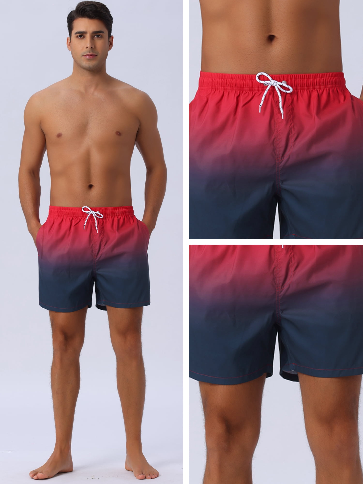 DARING DIVA Men's Contrast Color Gradient Summer Drawstring Beach Shorts 30 Red Black